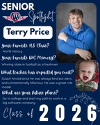 West Central High School Senior Spotlight for Terry Price, Class of 2026. Terry is pictured in a blue shirt, alongside a childhood photo of him with a big, happy expression. Text highlights his favorite memory of winning state in football and his goal to 